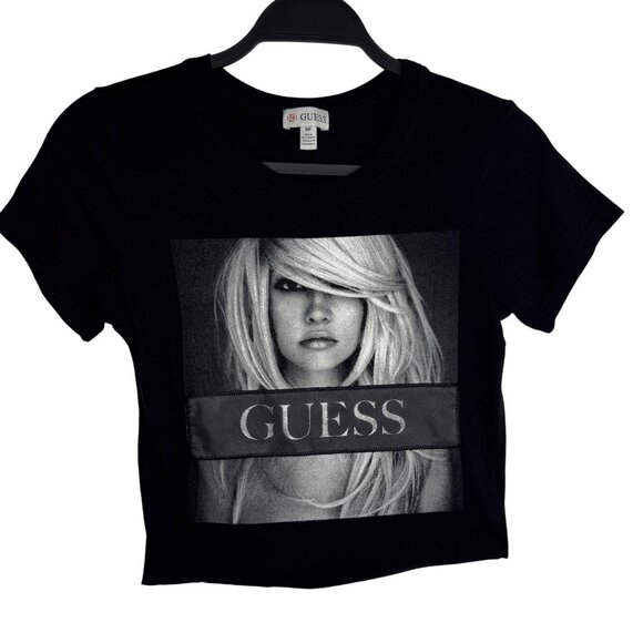Guess Black Graphic T-Shirt Blonde Model Image & Large Logo Womens S - Picture 2 of 5